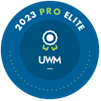 A blue circle with the words 2 0 2 3 pro elite and uwm in it.